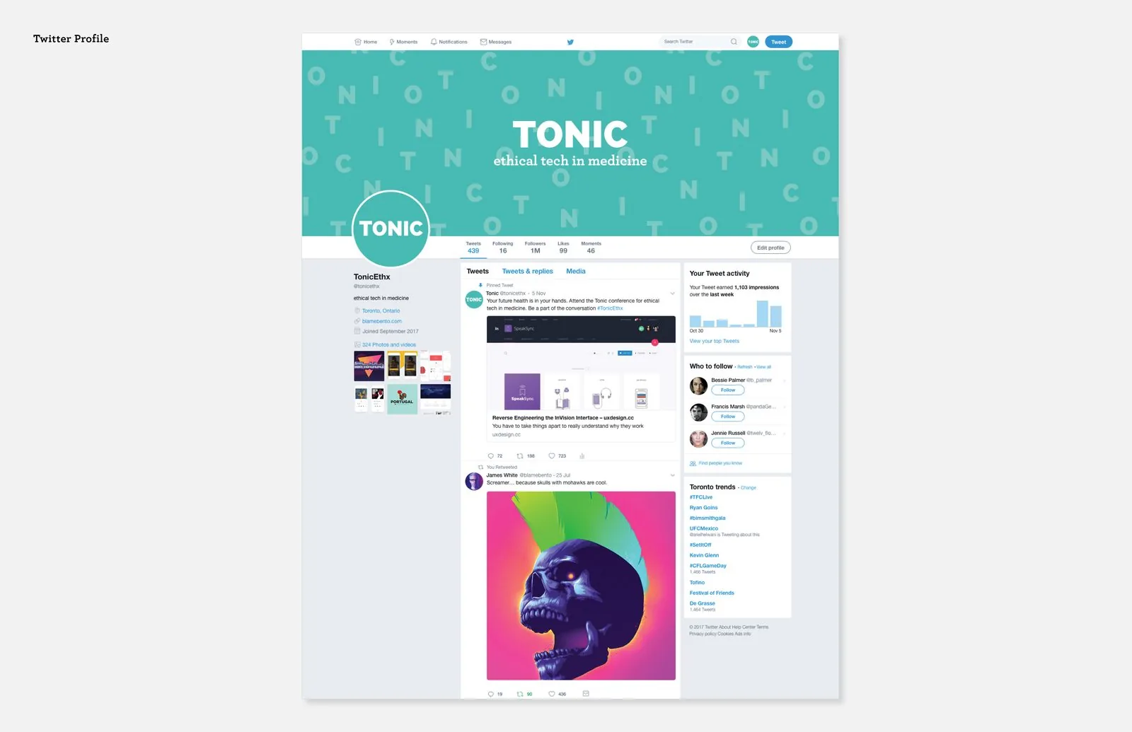 TONIC Twitter profile for TonicEthx with a teal letter-pattern header and a pinned conference tweet
