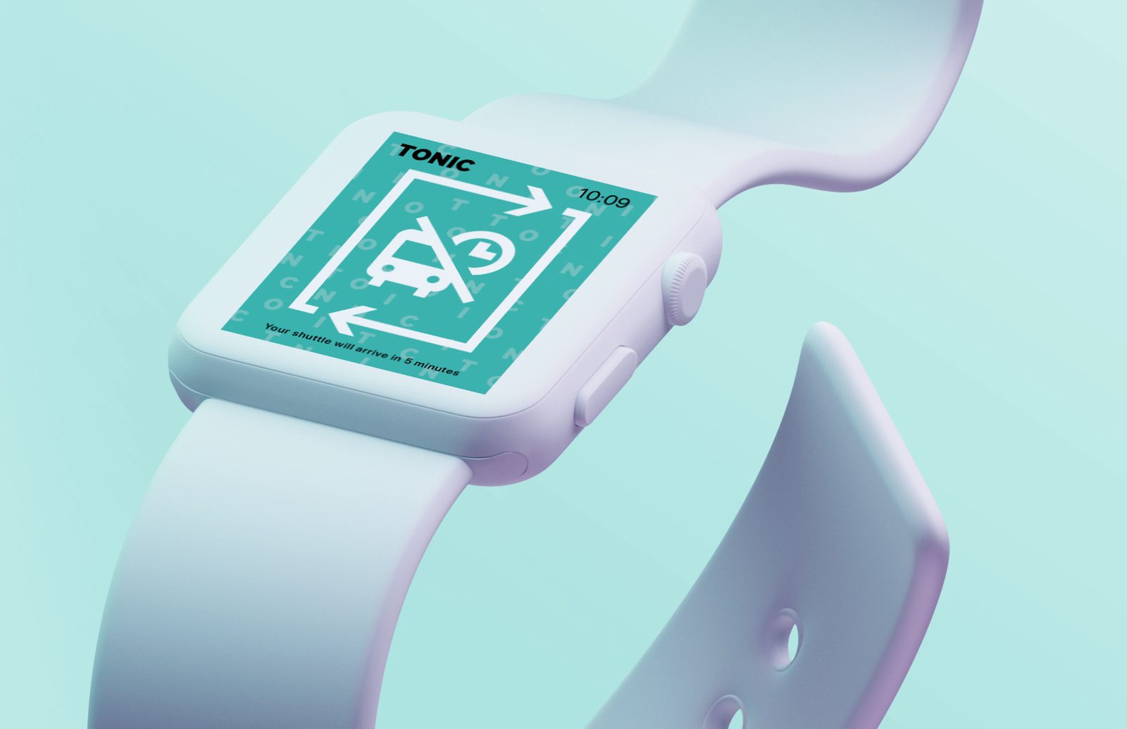 White smartwatch showing a TONIC notification with the shuttle loop icon: your shuttle will arrive in 5 minutes