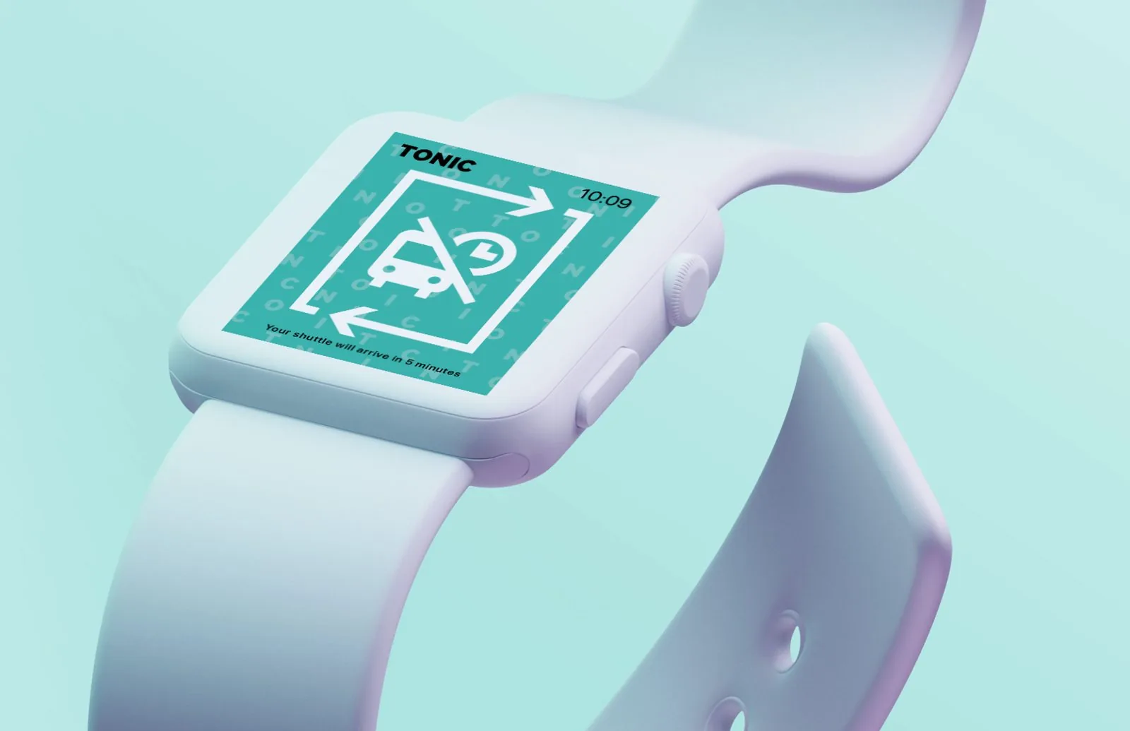 White smartwatch showing a TONIC notification with the shuttle loop icon: your shuttle will arrive in 5 minutes