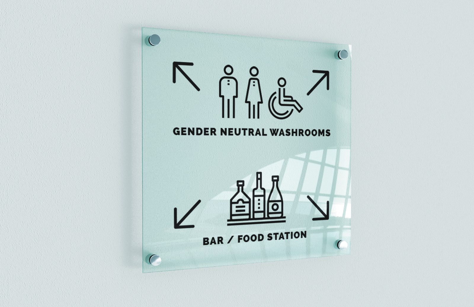 Etched glass TONIC venue sign with directional arrows for gender neutral washrooms and the bar and food station