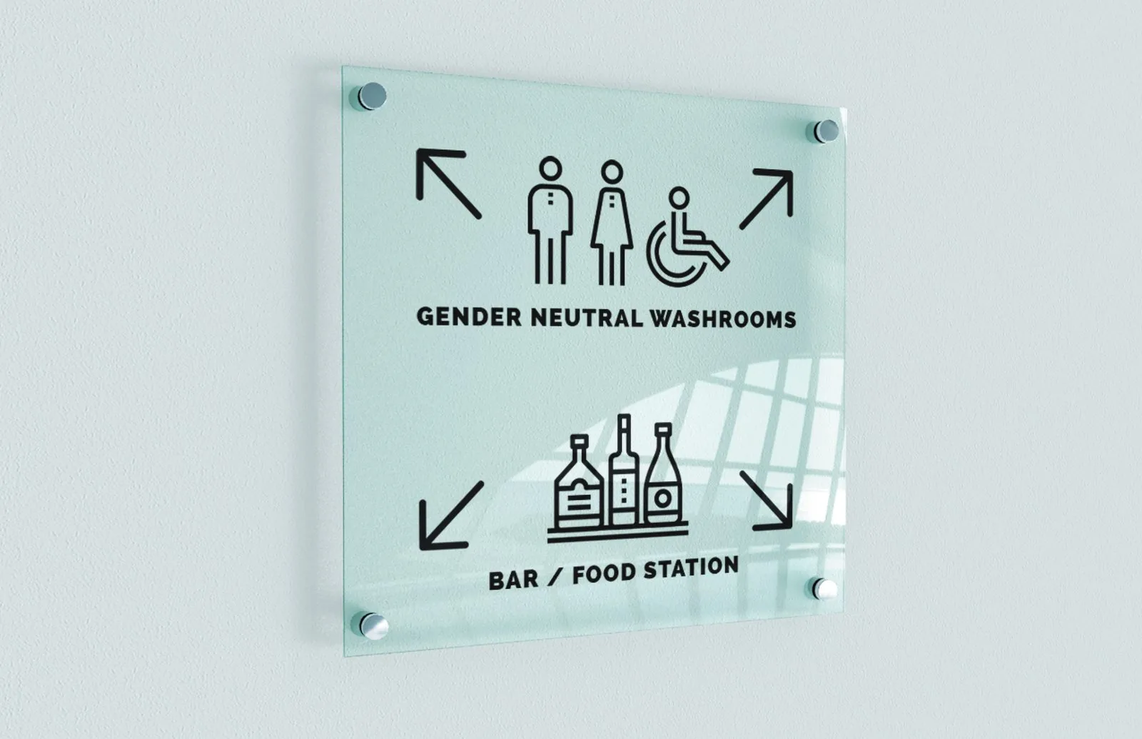 Etched glass TONIC venue sign with directional arrows for gender neutral washrooms and the bar and food station