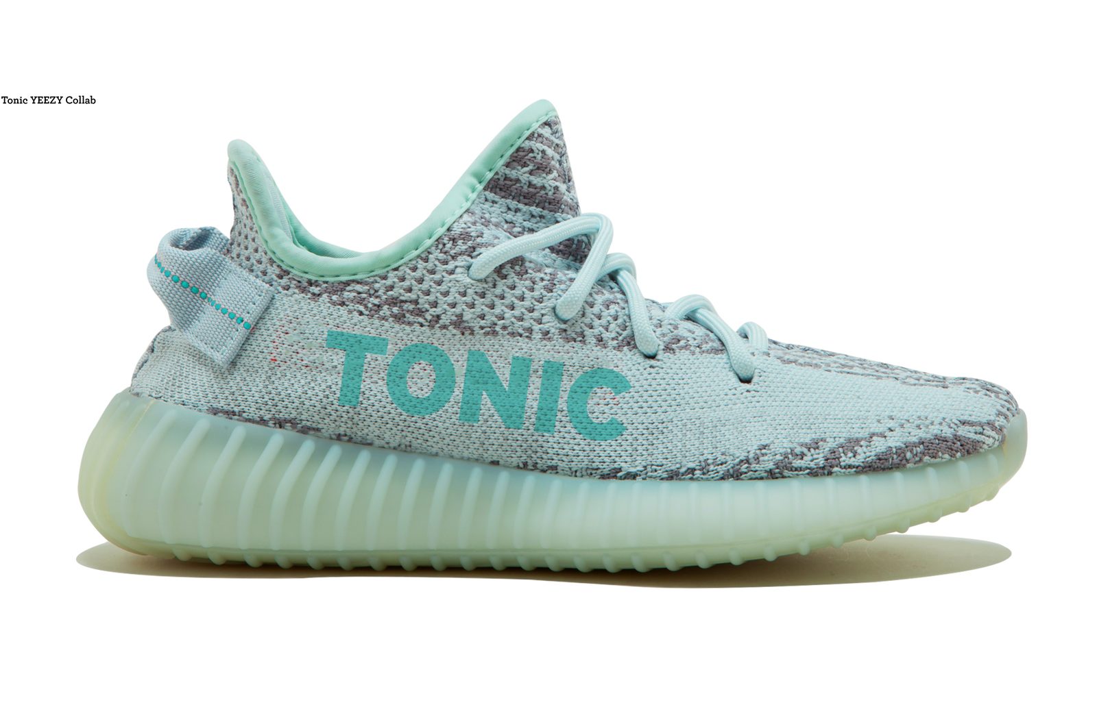 Tonic YEEZY collab: a pale teal and grey knit sneaker with TONIC printed across the side