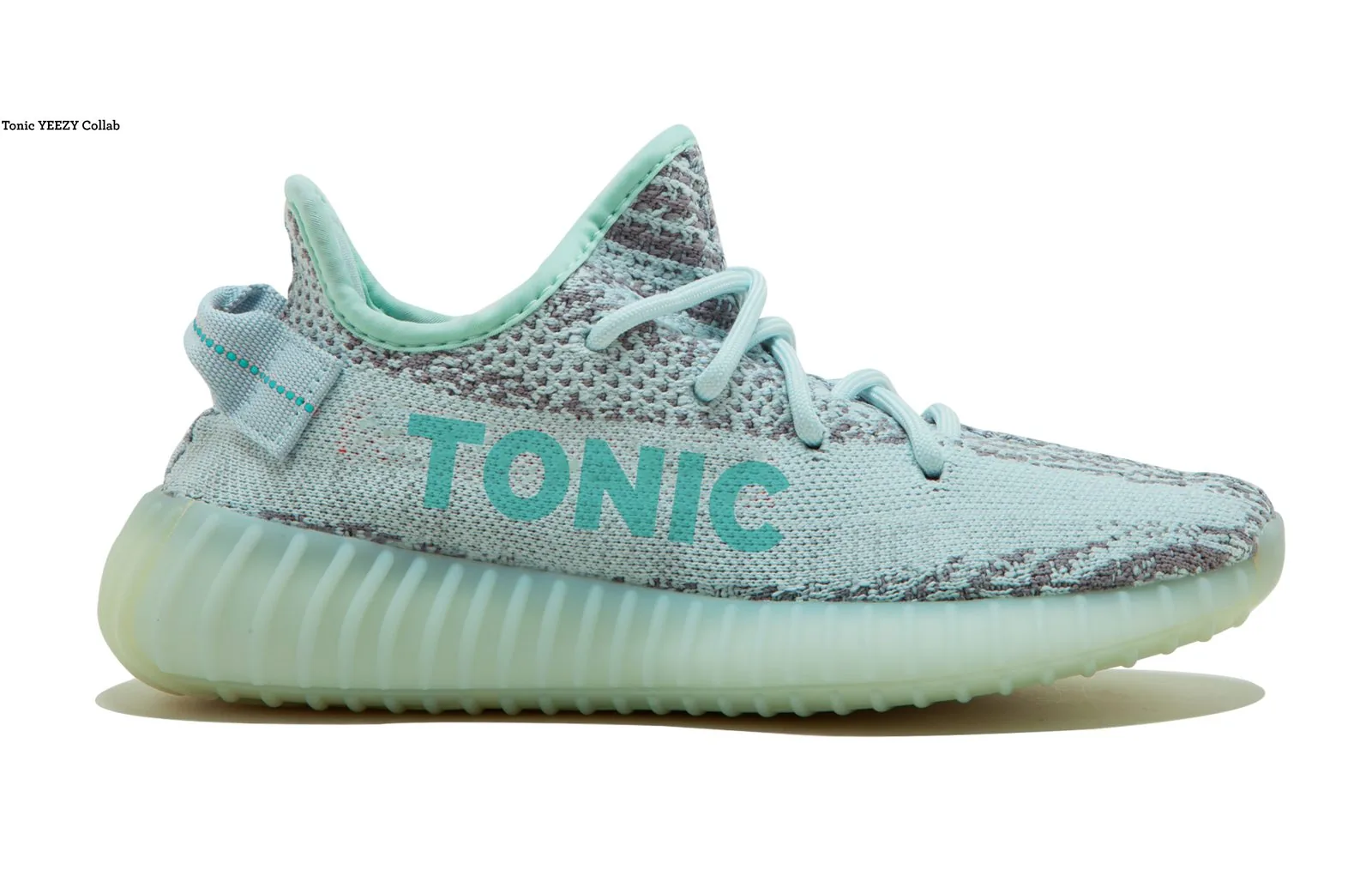 Tonic YEEZY collab: a pale teal and grey knit sneaker with TONIC printed across the side