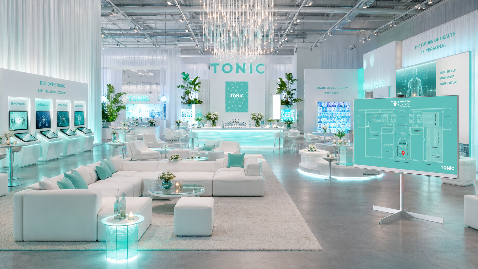 Wide view of the TONIC lounge at the Toronto Event Centre: white sectionals with teal pillows under a crystal chandelier, Discover TONIC touchscreen kiosks, a swipe-to-control venue map and a wall reading The future of health is personal