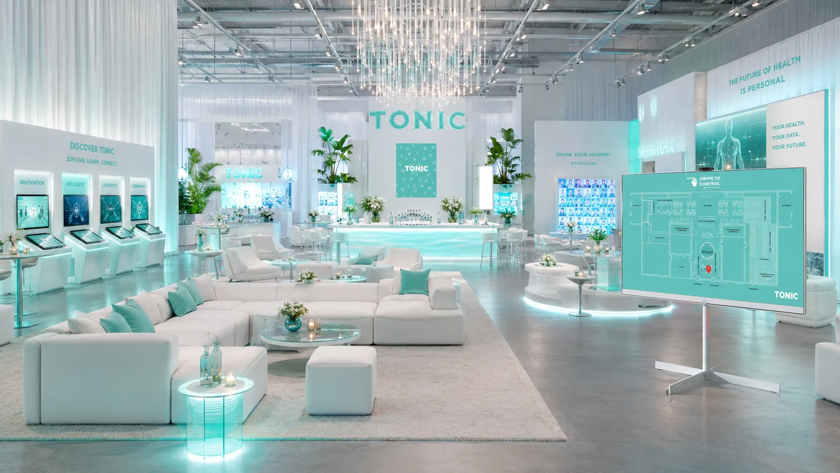 Wide view of the TONIC lounge at the Toronto Event Centre: white sectionals with teal pillows under a crystal chandelier, Discover TONIC touchscreen kiosks, a swipe-to-control venue map and a wall reading The future of health is personal