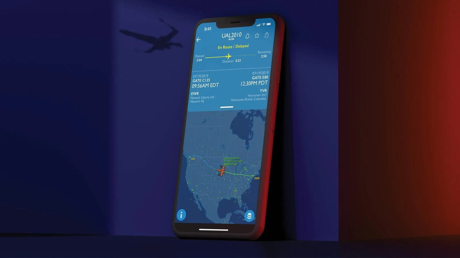 United Airlines Star Wars Flight Tracker app on a phone, X-wing icon tracking a flight