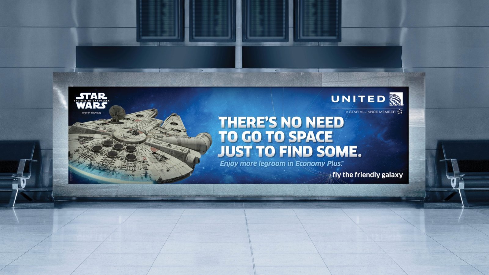 United Economy Plus billboard, Millennium Falcon: There’s No Need to Go to Space Just to Find Some