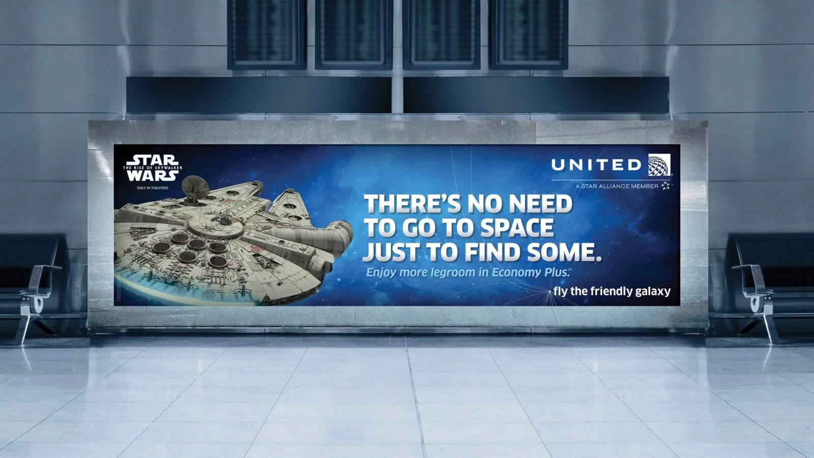 United Economy Plus billboard, Millennium Falcon: There’s No Need to Go to Space Just to Find Some