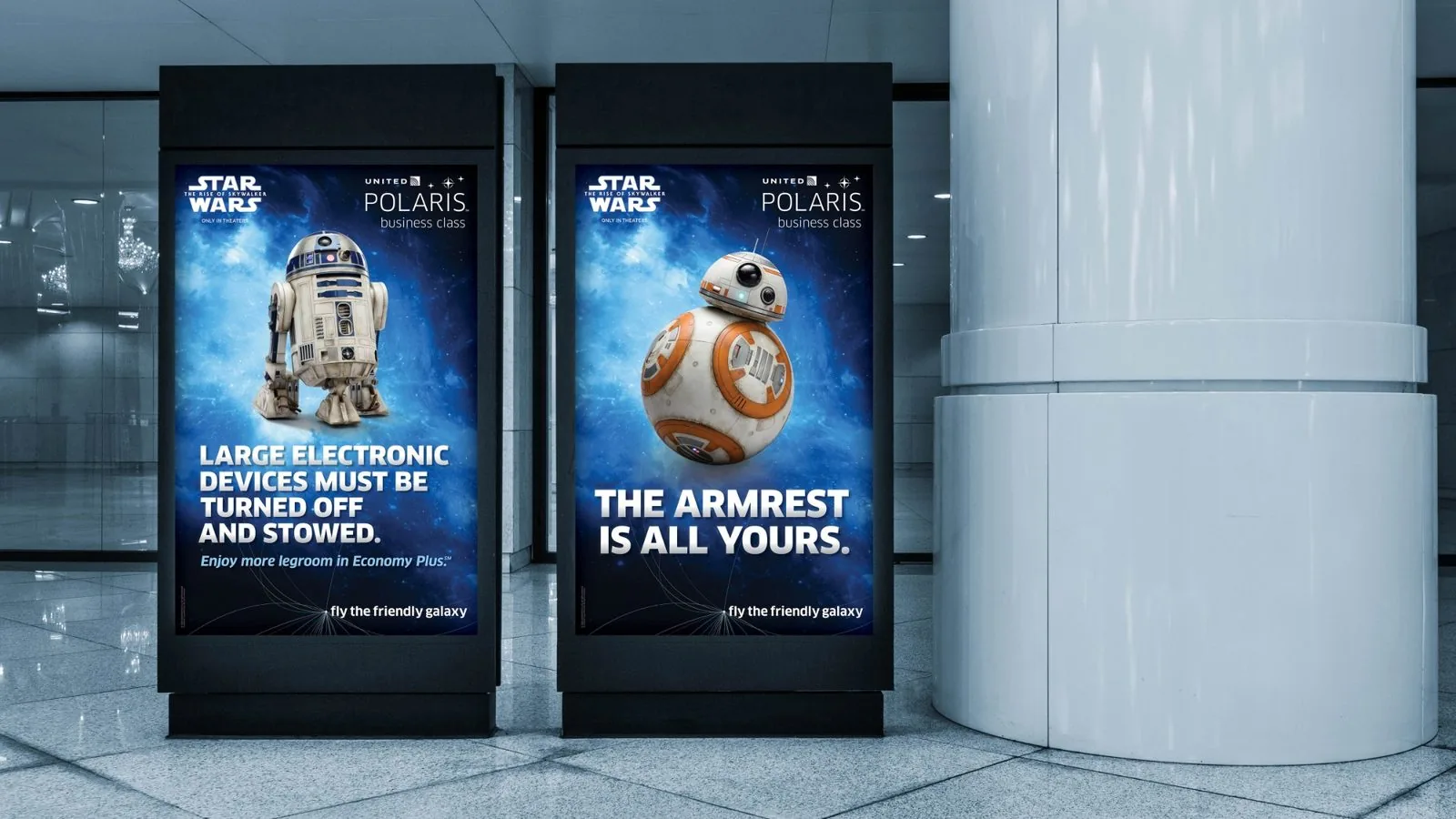 United airport posters, R2-D2 and BB-8: The Armrest Is All Yours
