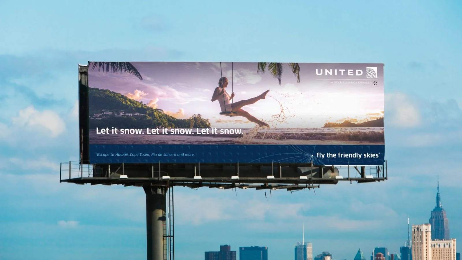 United Airlines billboard: Let It Snow, Let It Snow, Let It Snow