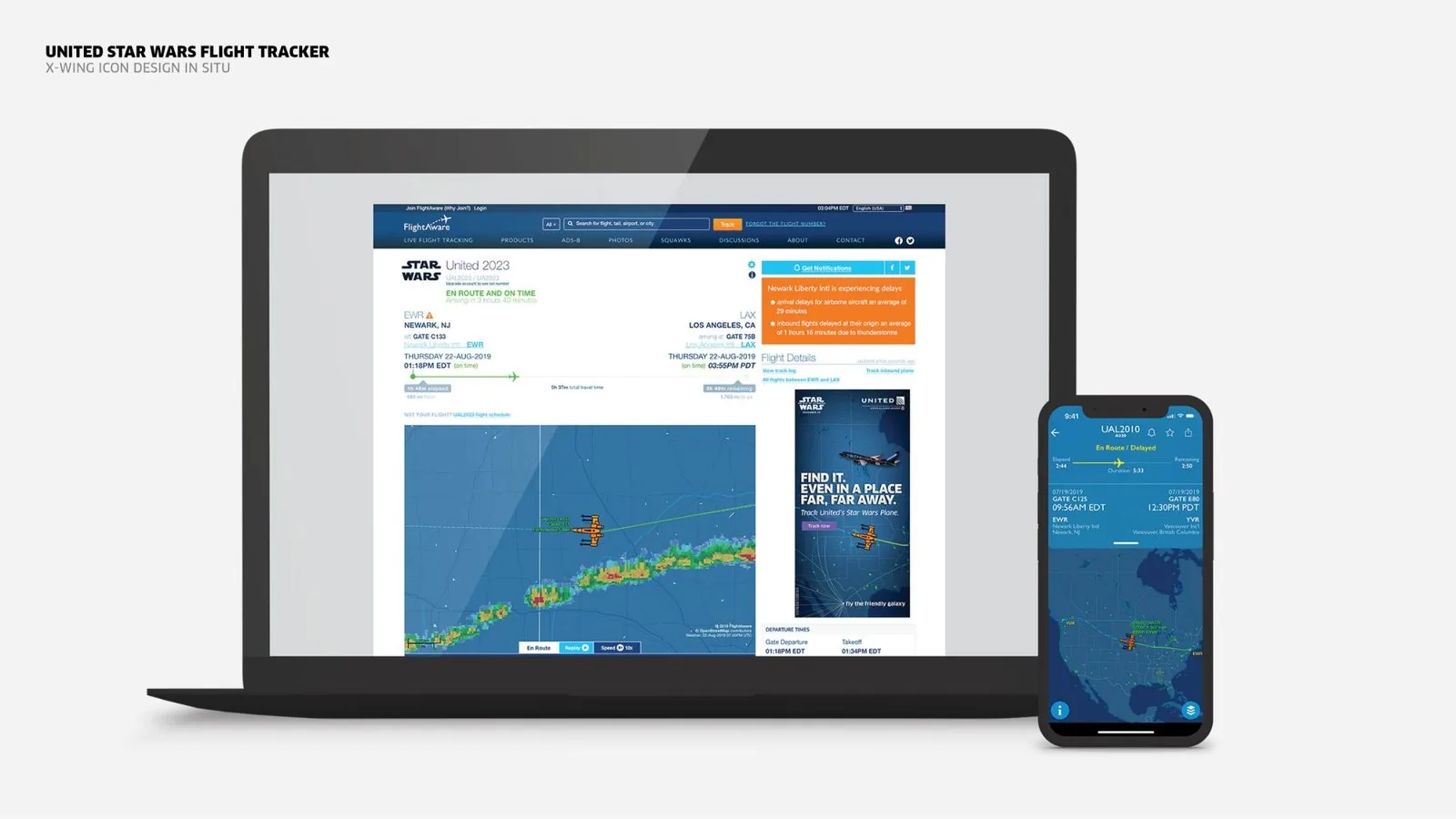 United Star Wars Flight Tracker: X-wing icon in situ on FlightAware desktop and mobile