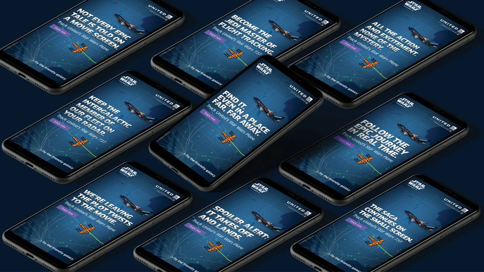 United Star Wars Flight Tracker: mobile banner ad campaign grid
