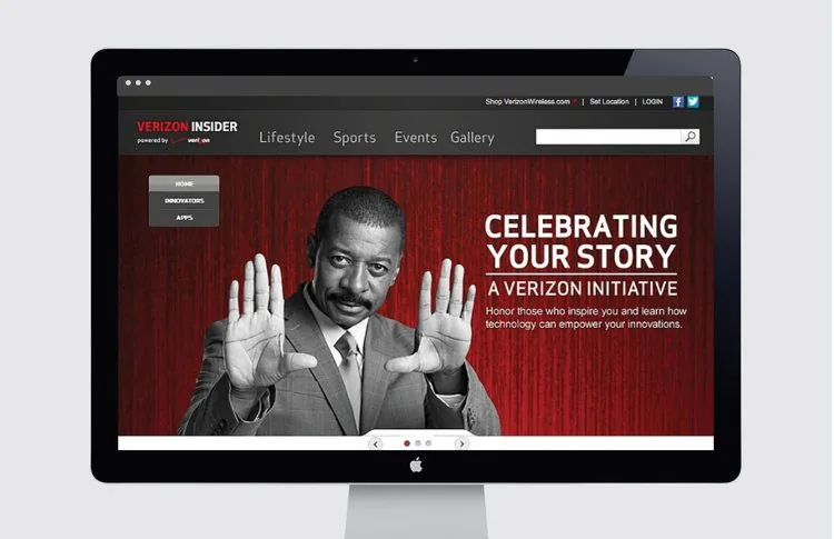 Verizon Insider site on a desktop monitor: Robert Townsend holding both palms up beside the headline Celebrating Your Story, A Verizon Initiative