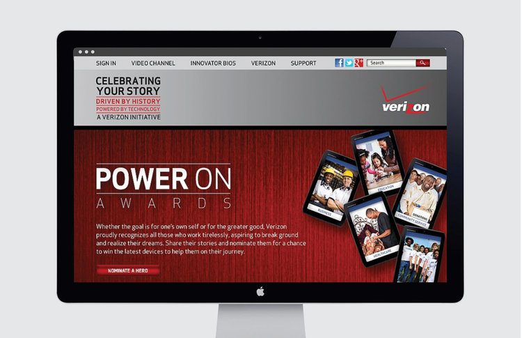 Verizon Celebrating Your Story site on a desktop monitor: Power On Awards page with photo tablets and a Nominate A Hero button on a red backdrop
