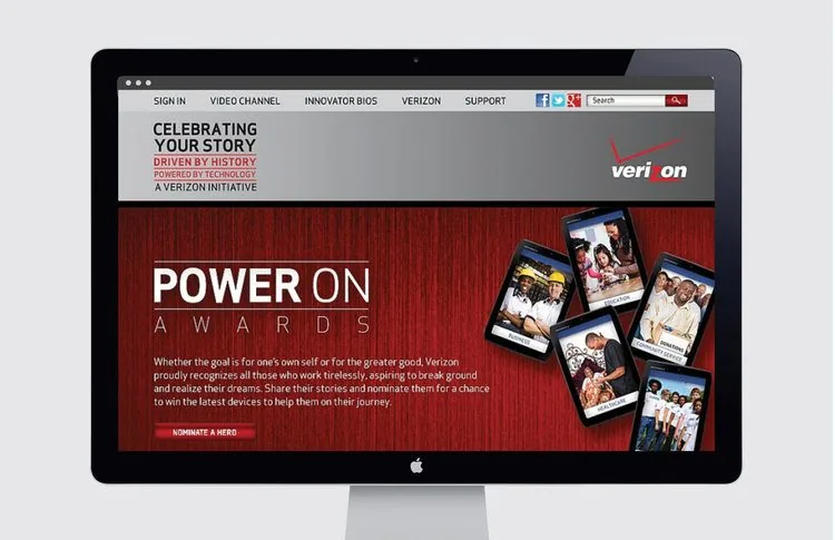 Verizon Celebrating Your Story site on a desktop monitor: Power On Awards page with photo tablets and a Nominate A Hero button on a red backdrop