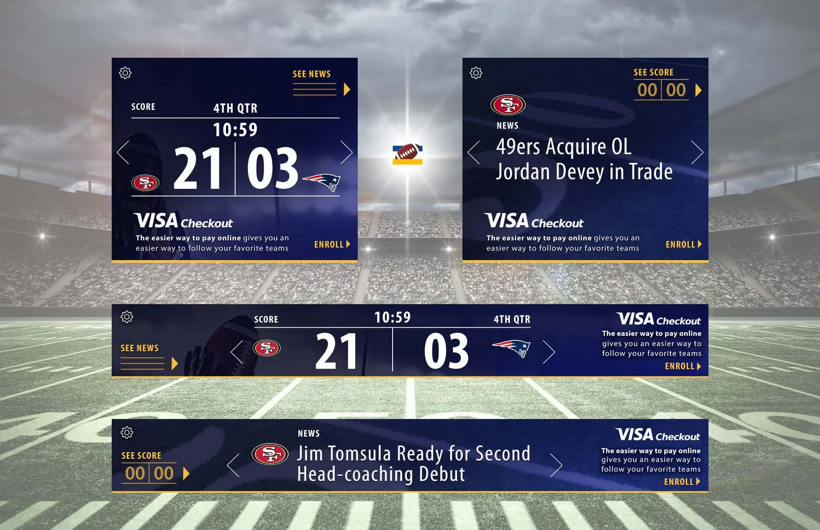 Visa Checkout E-Z Scoreboard frames: banner units in rectangle and leaderboard sizes showing a live NFL score, 21 to 3 in the 4th quarter, and team news headlines