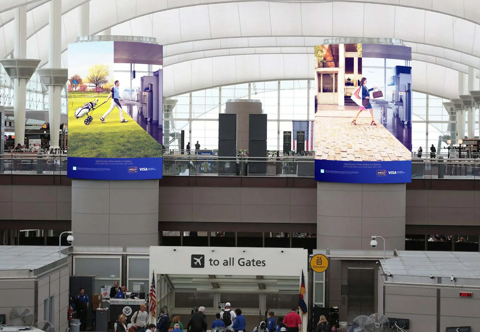 Visa CLEAR digital out-of-home: golfer and shopper executions on two column screens in Denver International Airport above the To All Gates entrance
