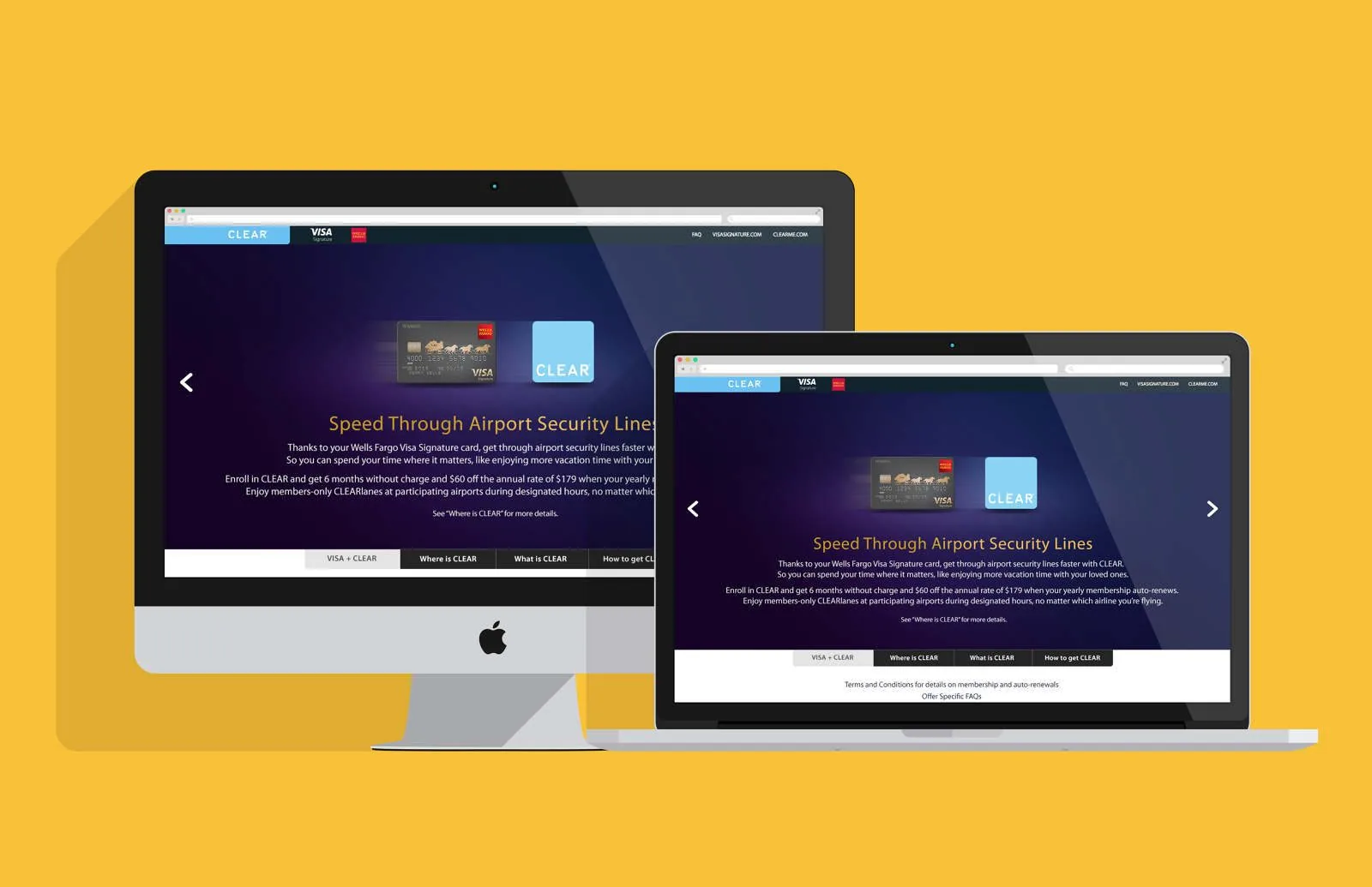 Visa Signature CLEAR microsite landing page, Speed Through Airport Security Lines, shown on desktop and laptop screens