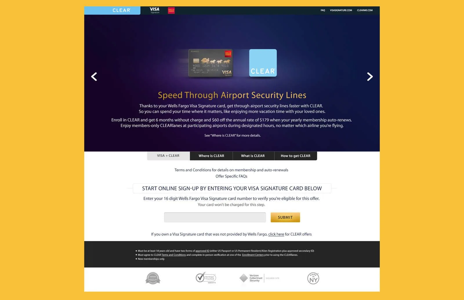 Visa CLEAR microsite: Speed Through Airport Security Lines page with online sign-up by Visa Signature card number