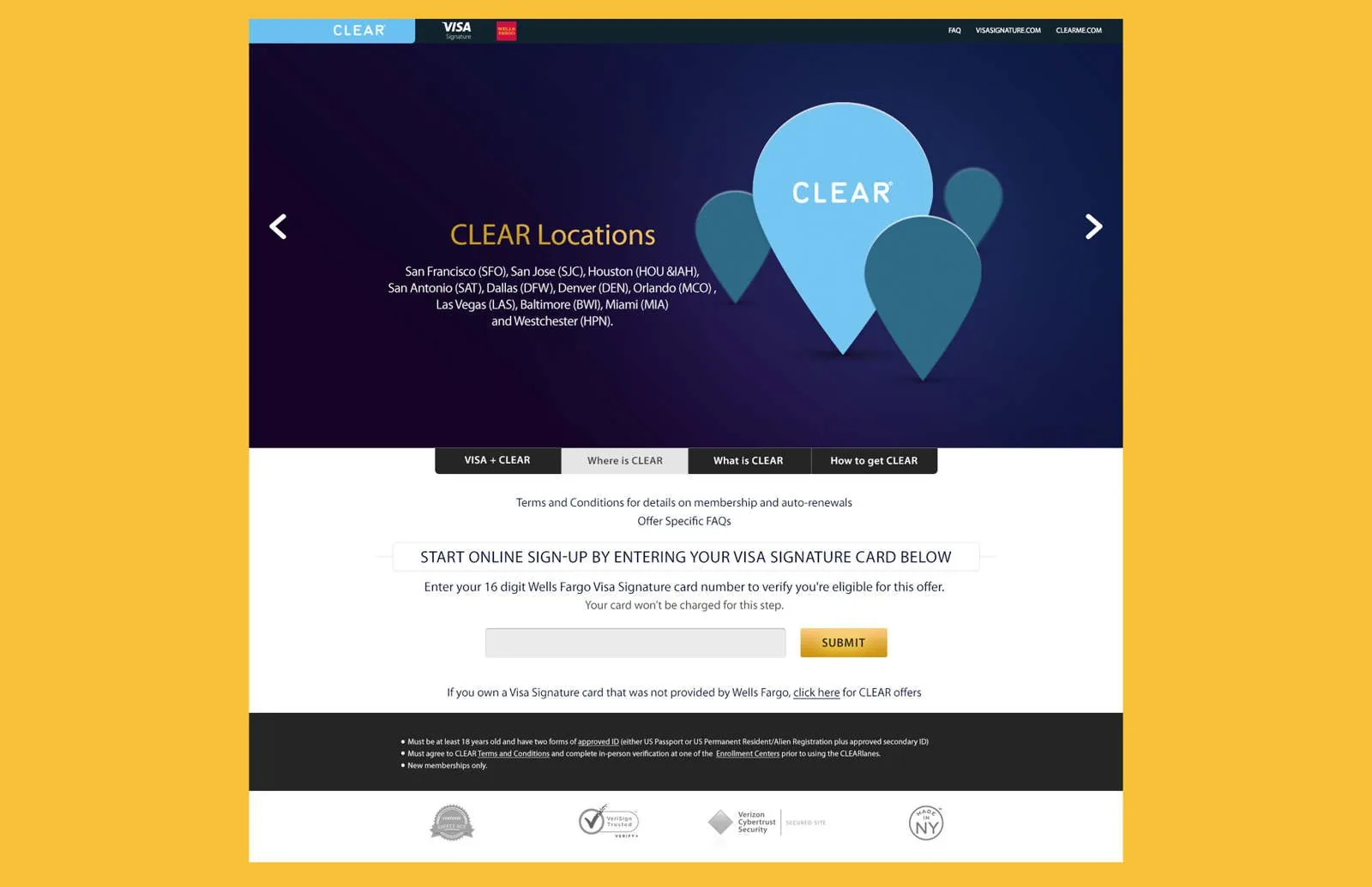 Visa CLEAR microsite: Where is CLEAR tab listing participating airports from San Francisco to Westchester with location-pin graphics