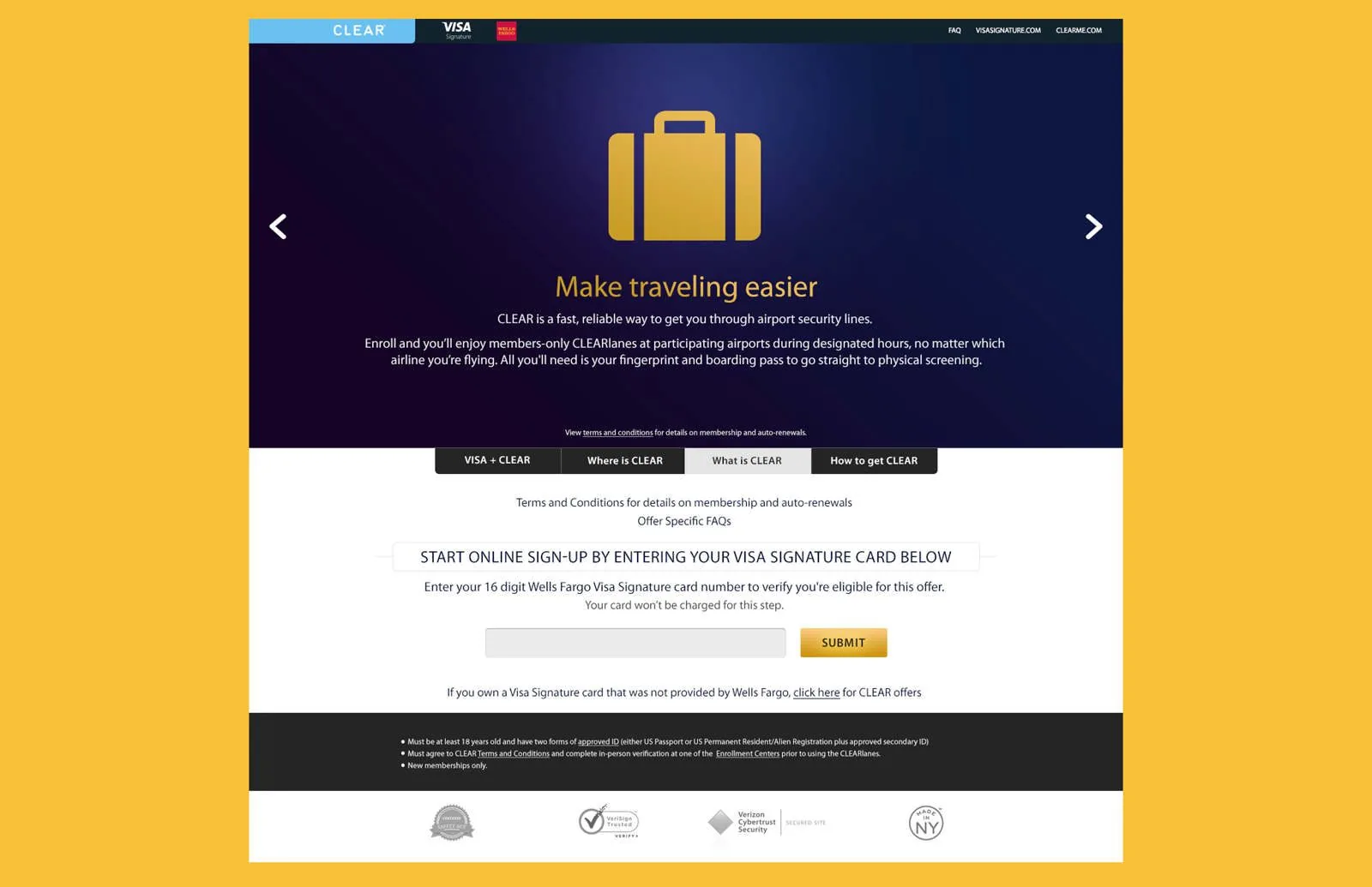 Visa CLEAR microsite: What is CLEAR tab, Make traveling easier, explaining members-only CLEARlanes