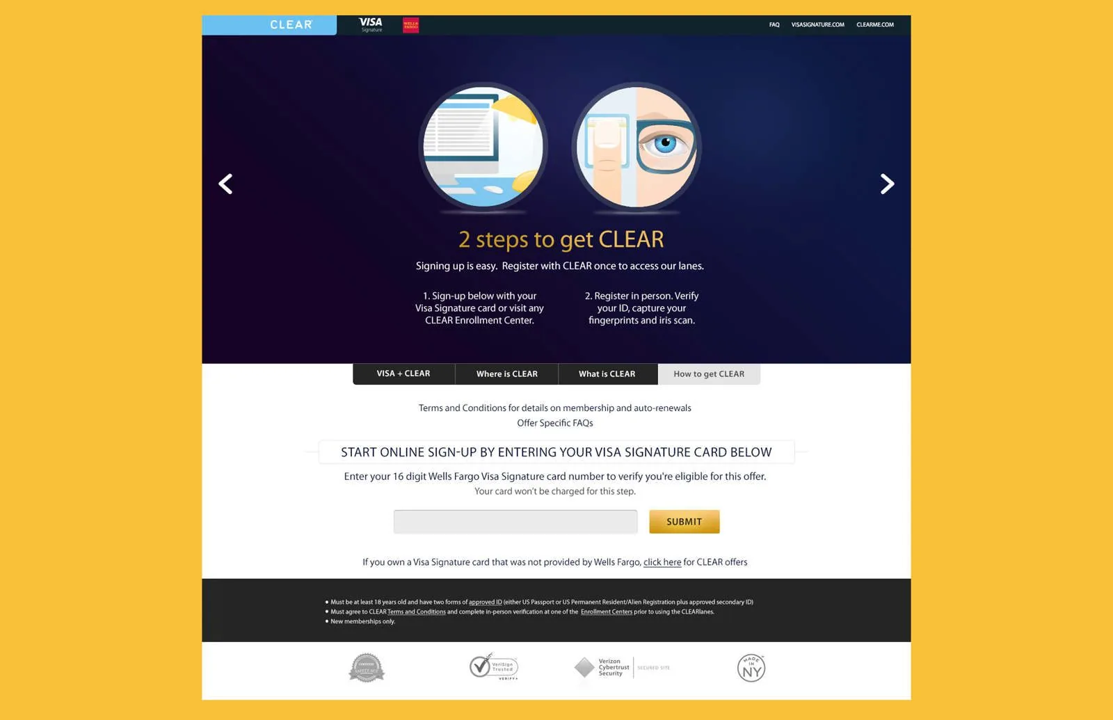 Visa CLEAR microsite: How to get CLEAR tab, 2 steps to get CLEAR, online sign-up then in-person verification