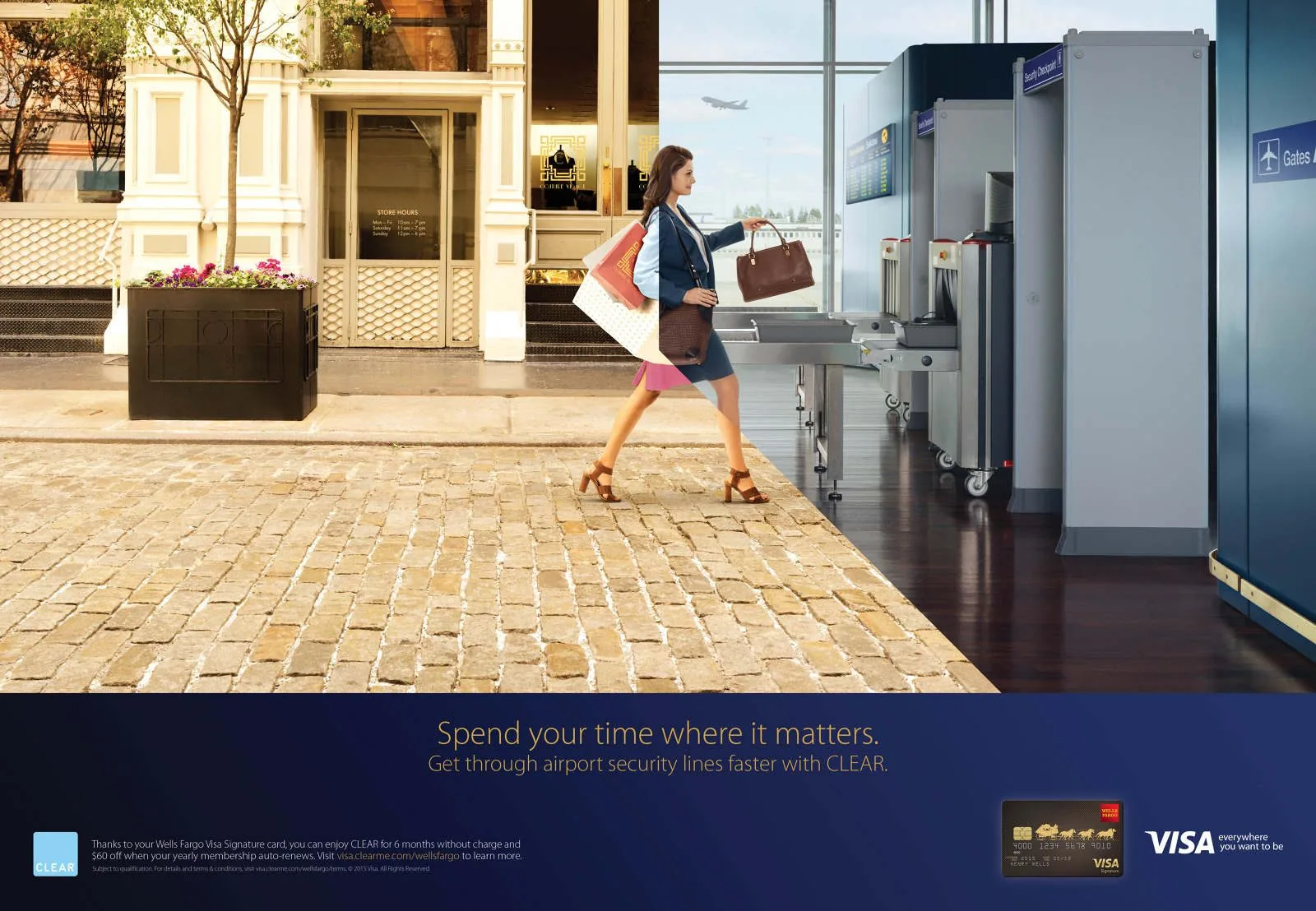 Visa Signature CLEAR ad: a shopper with bags steps from a boutique-lined sidewalk into the airport security line, headline Spend your time where it matters