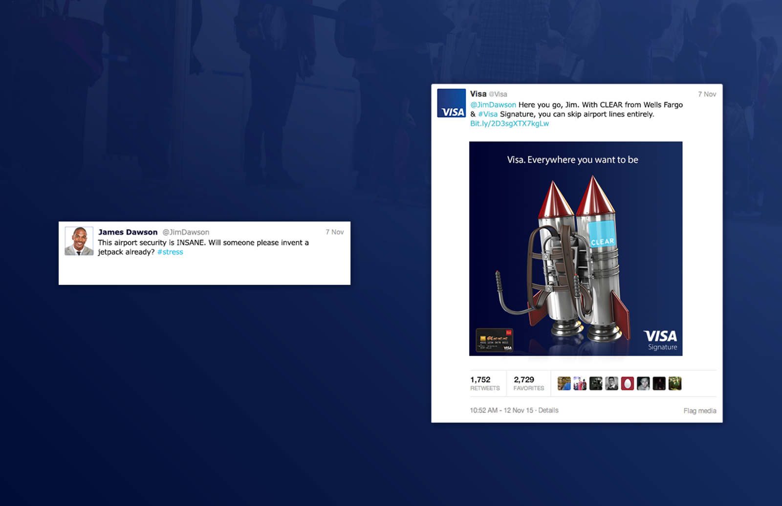 Visa CLEAR Twitter reply: a traveler tweets that airport security is insane and asks for a jetpack; Visa answers with a CLEAR-branded jetpack image and the skip-the-lines offer