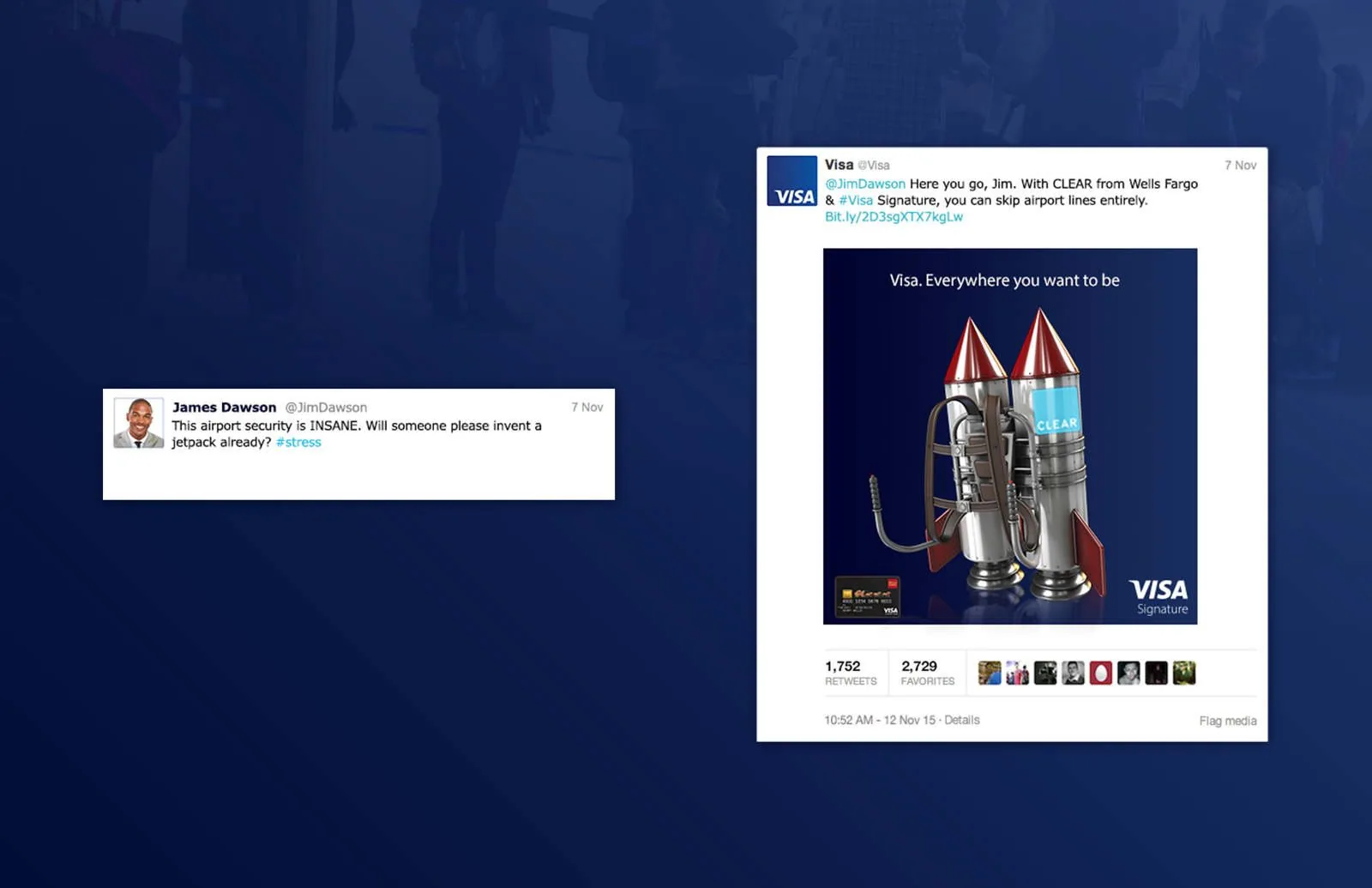 Visa CLEAR Twitter reply: a traveler tweets that airport security is insane and asks for a jetpack; Visa answers with a CLEAR-branded jetpack image and the skip-the-lines offer