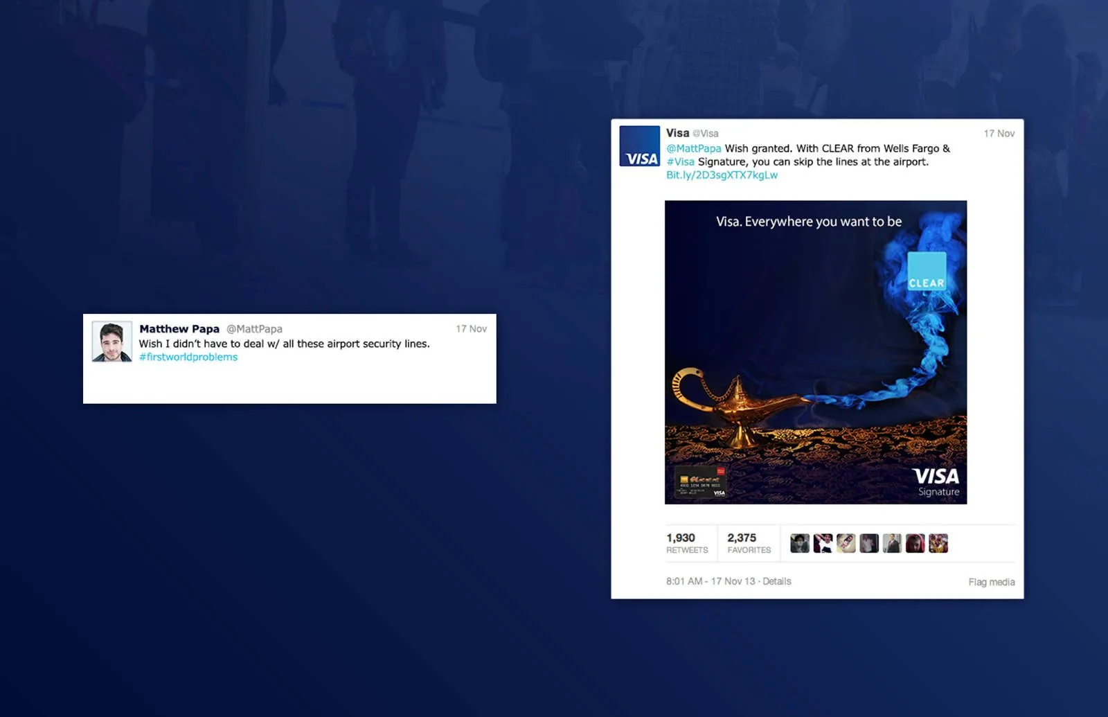 Visa CLEAR Twitter reply: a #firstworldproblems tweet about security lines answered with a genie lamp image and the words Wish granted