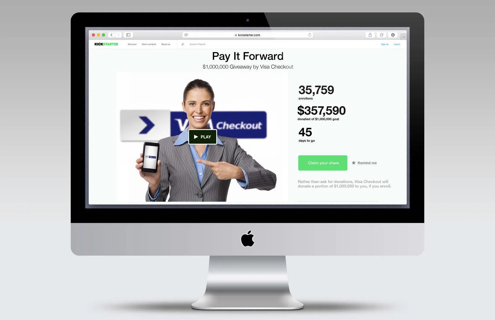 Visa Checkout Pay It Forward Kickstarter page on a desktop: a $1,000,000 giveaway with enrollee and donation counters and a Claim your share button